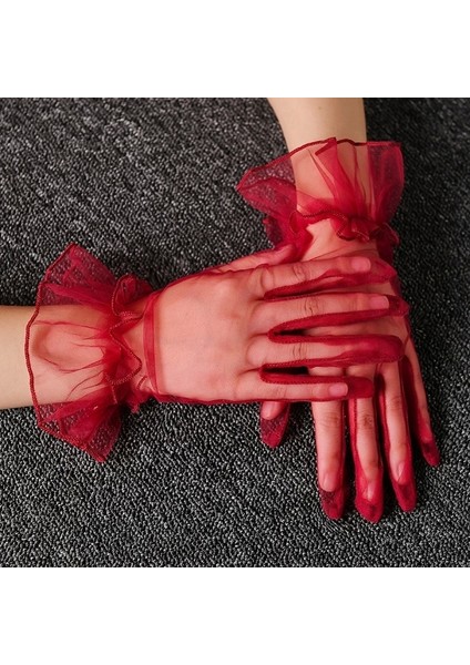 Kısa Boy Likralı Güpürlü Yetişkin Tül Eldiven Kırmızı Renk fırsatları