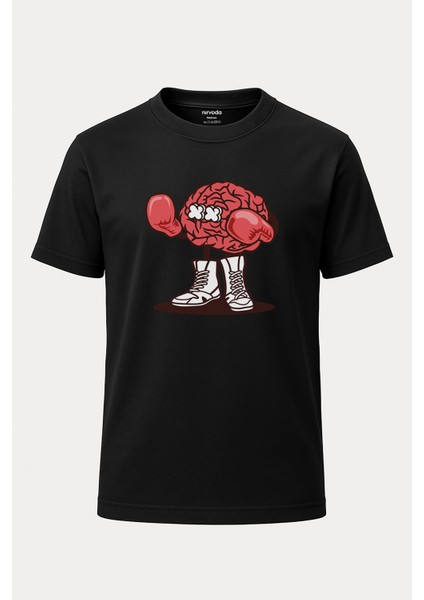 Boks Yapan Beyin Baskılı Loose Fit Bisiklet Yaka Unisex Tişört