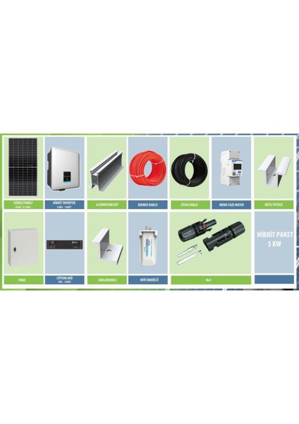 Güneş Enerjisi Hibrit Solar Paket 5kw Monofaze Hibrit Inverter + 5kw Lityum Akü