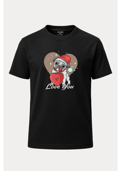Yılbaşı Şapkalı Köpek Baskılı Loose Fit Bisiklet Yaka Unisex Tişört