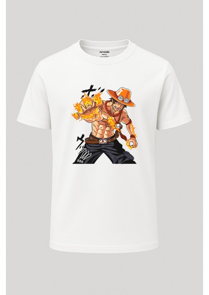 Ace Ateşi One Piece Baskılı Loose Fit Bisiklet Yaka Unisex Tişört Anime Manga
