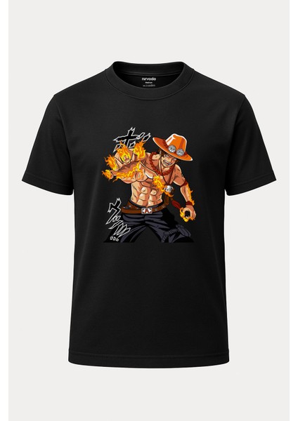 Ace Ateşi One Piece Baskılı Loose Fit Bisiklet Yaka Unisex Tişört Anime Manga