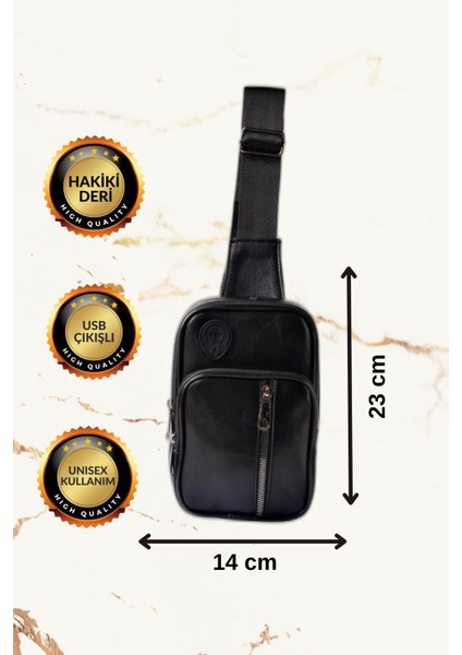 USB Çıkışlı Unisex Bodybag Siyah Çapraz Çanta(Hakiki Deri)