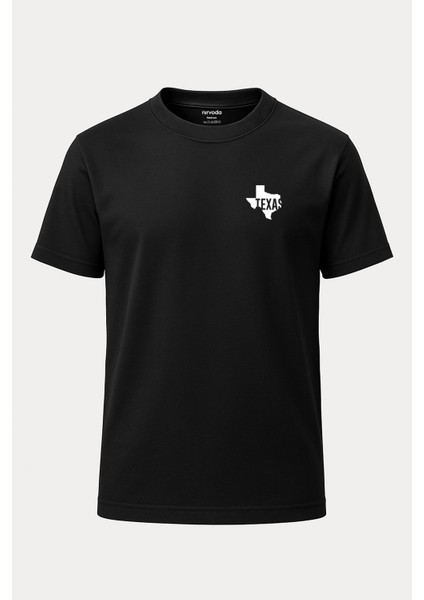 Texas Yazılı Baskılı Loose Fit Bisiklet Yaka Unisex Tişört Siyah