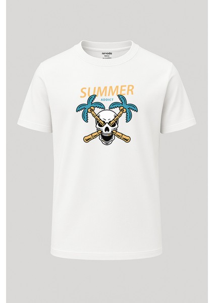 Summer Yazlık Kurukafa Baskılı Loose Fit Bisiklet Yaka Unisex Tişört