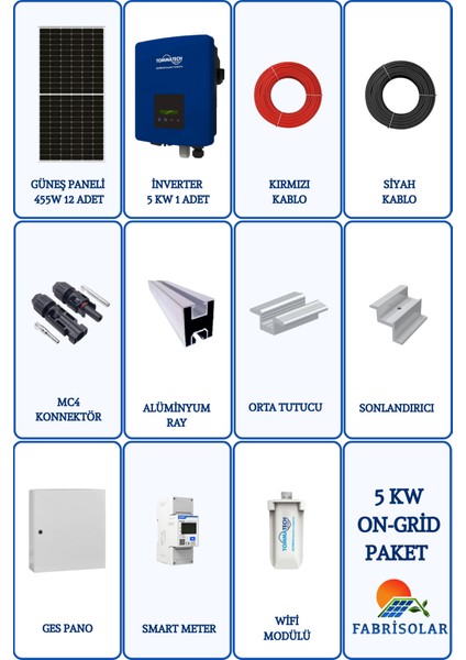 Güneş Enerjisi On Grid 5kw Monofaze Solar Paket Sistemi