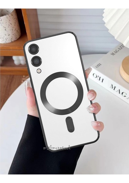 Samsung Galaxy S25 Edge Kılıf Magsafe Wirelles Şarj Destekli Parlak Renkli Kenarlı Arkası Şeffaf Tam Lensli Şeffaf Silikon