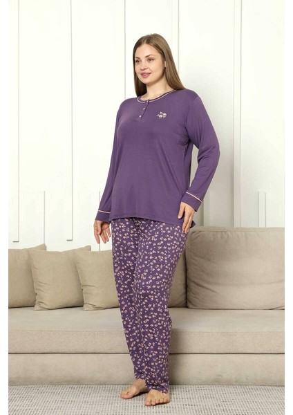 Kadın Mor Çiçek Desen Bisiklet Yaka 3 Düğmeli Yırtmaç Detay Büyük Beden Viskon Uzun Kol Pijama
