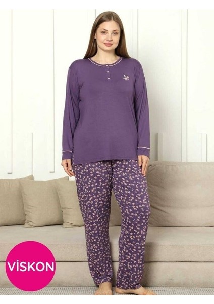 Kadın Mor Çiçek Desen Bisiklet Yaka 3 Düğmeli Yırtmaç Detay Büyük Beden Viskon Uzun Kol Pijama fiyatları