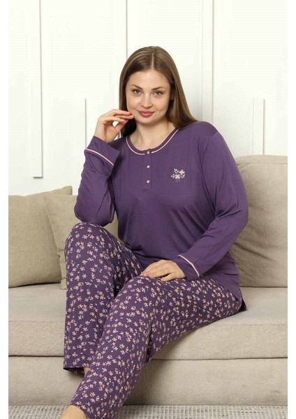 Kadın Mor Çiçek Desen Bisiklet Yaka 3 Düğmeli Yırtmaç Detay Büyük Beden Viskon Uzun Kol Pijama modelleri