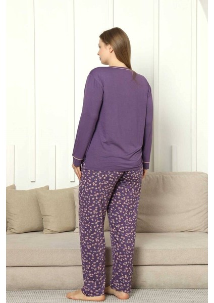 Kadın Mor Çiçek Desen Bisiklet Yaka 3 Düğmeli Yırtmaç Detay Büyük Beden Viskon Uzun Kol Pijama fırsatları