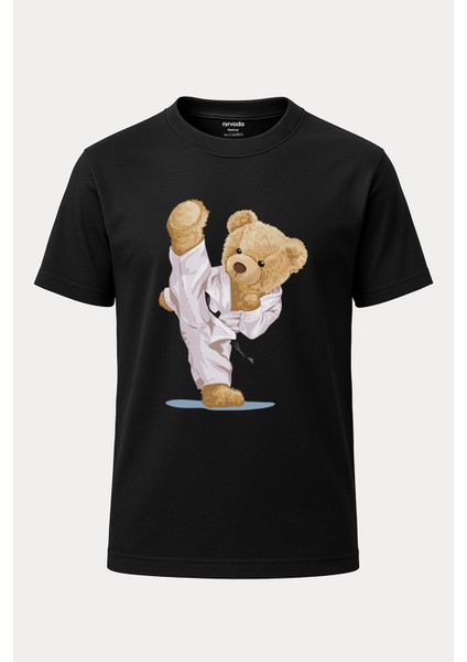 Kung Fu Sevimli Ayı Baskılı Loose Fit Bisiklet Yaka Unisex Tişört