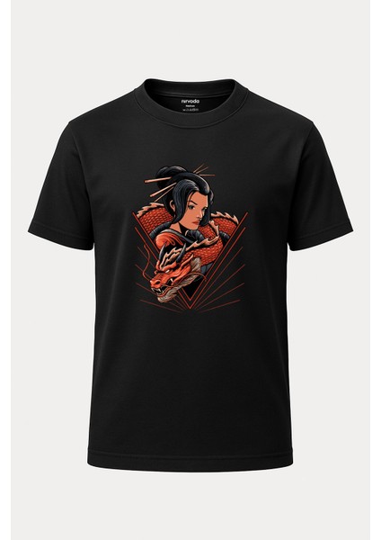 Geisha ve Ejderha Baskılı Loose Fit Bisiklet Yaka Unisex Tişört