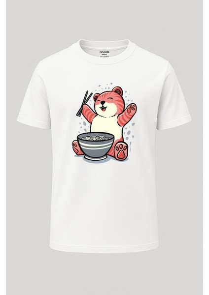 Japon Ikonik Ayı Noddle Baskılı Loose Fit Bisiklet Yaka Unisex Tişört