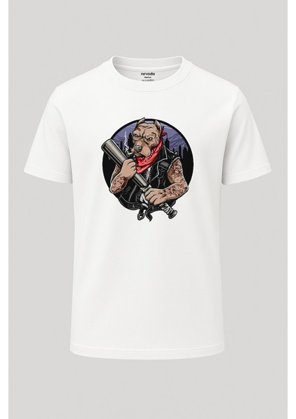 Dövmeli Gangster Köpek Baskılı Loose Fit Bisiklet Yaka Unisex Tişört