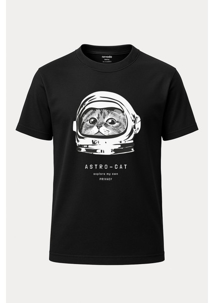 Astronot Kedi Astrocat Baskılı Loose Fit Bisiklet Yaka Unisex Tişört Siyah