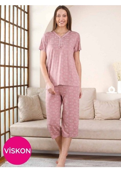 Kadın Gül Kurusu V Yaka Dantel Detay Viskon 3 Düğmeli Kısa Kol Yazlık Kapri Pijama Takımı