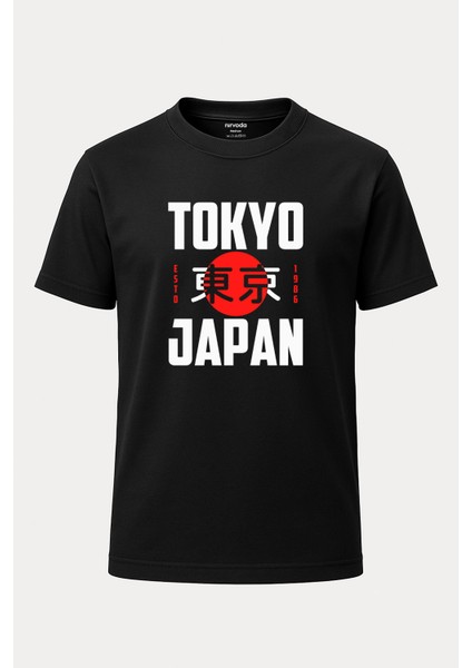 Tokyo 1986 Yazılı Baskılı Loose Fit Bisiklet Yaka Unisex Tişört Siyah