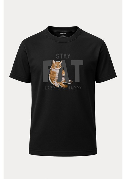 Tembel ve Mutlu Kedi Baskılı Loose Fit Bisiklet Yaka Unisex Tişört