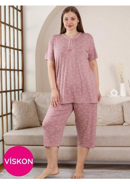 Kadın Gül Kurusu V Yaka Dantel Detay Viskon 3 Düğmeli Kısa Kol Yazlık Büyük Beden Kapri Pijama fiyatları
