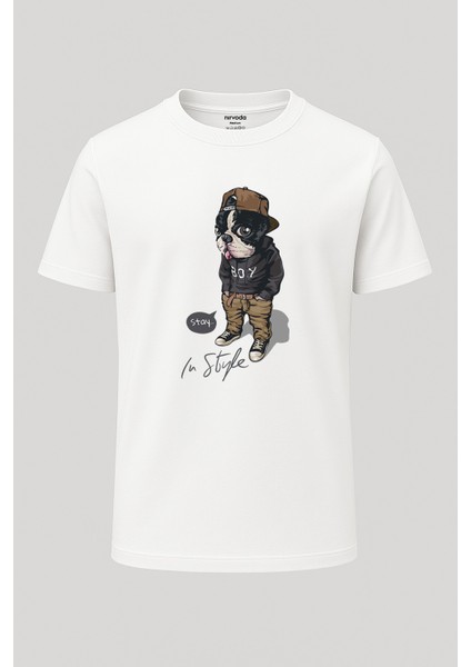 Şapkalı Tarz Köpek Baskılı Loose Fit Bisiklet Yaka Unisex Tişört