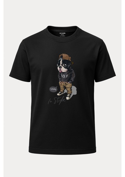 Şapkalı Tarz Köpek Baskılı Loose Fit Bisiklet Yaka Unisex Tişört