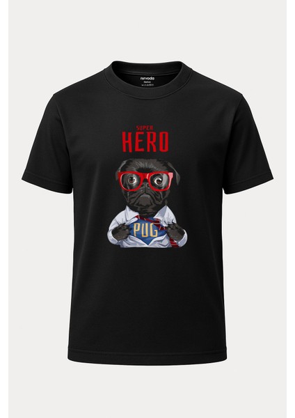 Süper Kahraman Köpek Baskılı Loose Fit Bisiklet Yaka Unisex Tişört