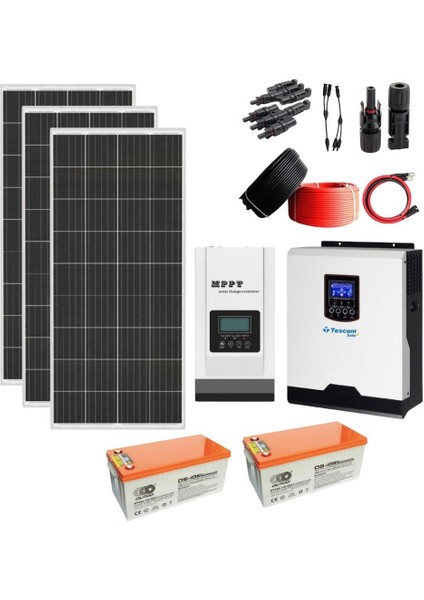 Güneş Enerjisi Hazır Solar Paket – 1kw Inverter + 3x 210W Güneş Paneli + 2x 12V 100AH Jel Akü