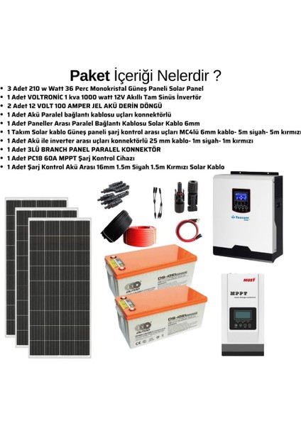 Güneş Enerjisi Hazır Solar Paket – 1kw Inverter + 3x 210W Güneş Paneli + 2x 12V 100AH Jel Akü modelleri
