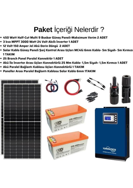 Güneş Enerjisi Hazır Solar Paket – 3kw Inverter + 2x 450W Güneş Paneli + 2x 12V 150AH Jel Akü modelleri