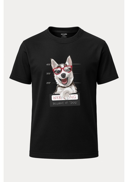Sevimli Köpek Husky Baskılı Loose Fit Bisiklet Yaka Unisex Tişört