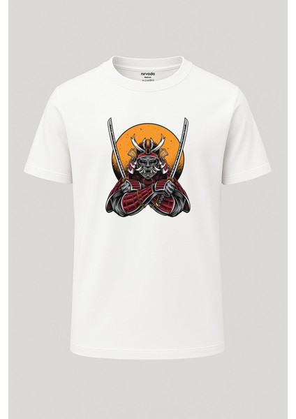 Samuray ve Katana Baskılı Loose Fit Bisiklet Yaka Unisex Tişört