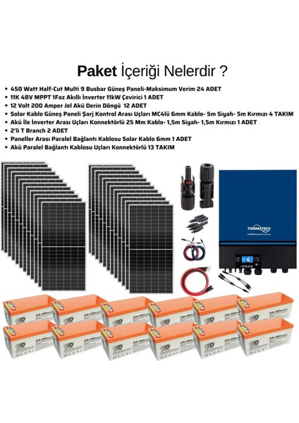 Güneş Enerjisi Hazır Solar Paket – 11KW Inverter + 20X 550W Güneş Paneli + 12X 12V 200AH Jel Akü modelleri