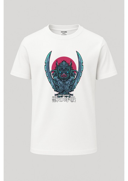 Inosuke Immagini Tarz Baskılı Loose Fit Bisiklet Yaka Unisex Tişört