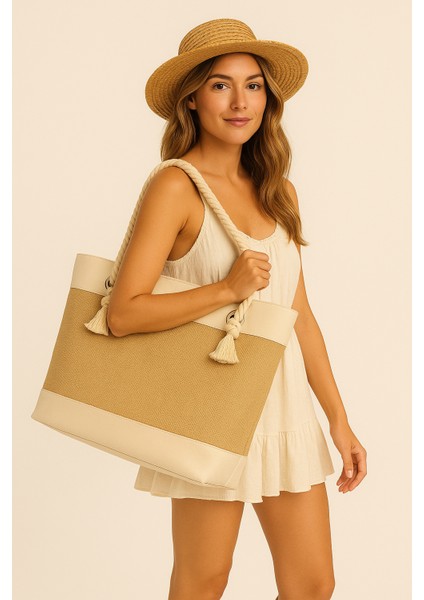 Jüt Dekoratif 2 Renkli Plaj Çantası Bohem Tarzı Çanta, Kadın Çantası