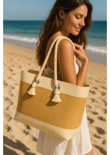 Jüt Dekoratif 2 Renkli Plaj Çantası Bohem Tarzı Çanta, Kadın Çantası fiyatları