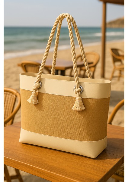 Jüt Dekoratif 2 Renkli Plaj Çantası Bohem Tarzı Çanta, Kadın Çantası indirimleri