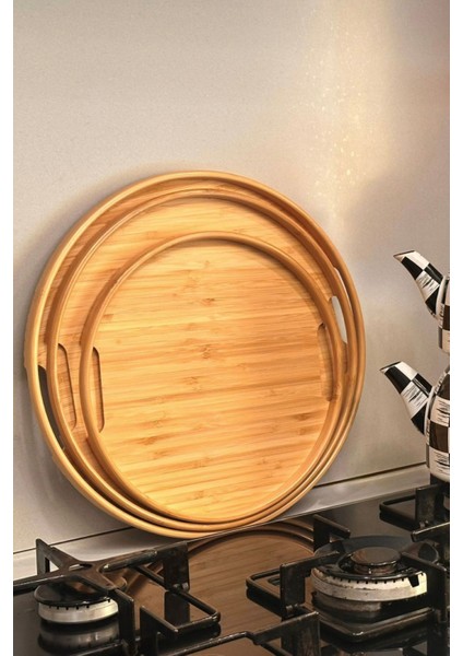 Yuvarlak Bambu Tepsi 3'lü Set, 30 cm, 35 cm ve 38 cm Çaplarında 3 Adet Bambu Tepsi, Tutamaçlı