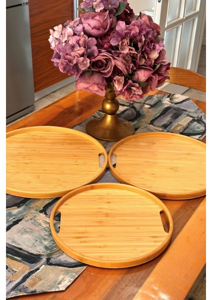 Yuvarlak Bambu Tepsi 3'lü Set, 30 cm, 35 cm ve 38 cm Çaplarında 3 Adet Bambu Tepsi, Tutamaçlı