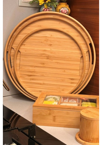 Yuvarlak Bambu Tepsi 3'lü Set, 30 cm, 35 cm ve 38 cm Çaplarında 3 Adet Bambu Tepsi, Tutamaçlı