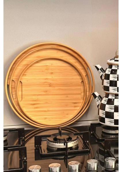 Yuvarlak Bambu Tepsi 3'lü Set, 30 cm, 35 cm ve 38 cm Çaplarında 3 Adet Bambu Tepsi, Tutamaçlı
