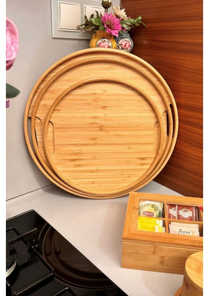 Yuvarlak Bambu Tepsi 3'lü Set, 30 cm, 35 cm ve 38 cm Çaplarında 3 Adet Bambu Tepsi, Tutamaçlı