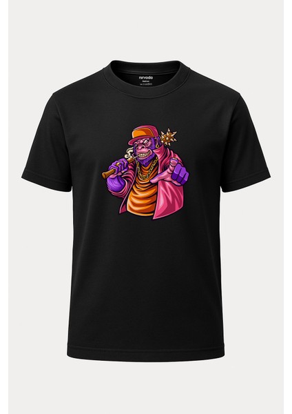 Gangster Renkli Goril Baskılı Loose Fit Bisiklet Yaka Unisex Tişört