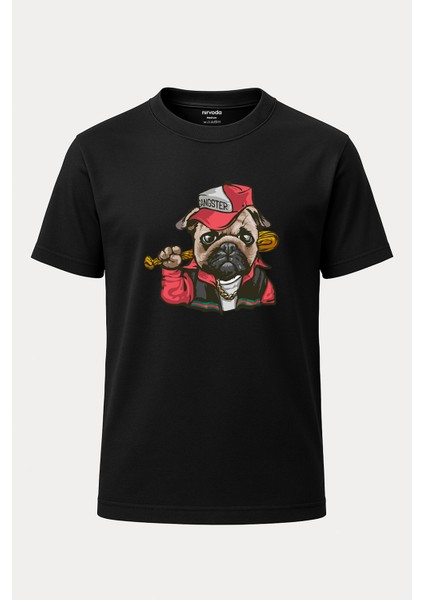 Gangster Köpek Baskılı Loose Fit Bisiklet Yaka Unisex Tişört
