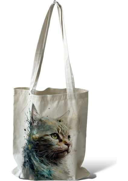 Kanvas Kedi Desenli Çift Taraf Desenli Bez Omuz Çantası