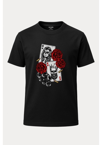 Gangsta Gotik Papaz Kız Iskambil Baskılı Loose Fit Bisiklet Yaka Unisex Tişört