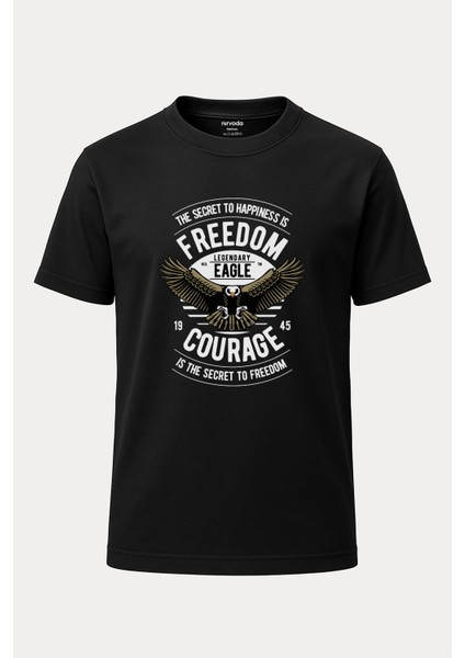 Freedom Kartal Baskılı Loose Fit Bisiklet Yaka Unisex Tişört Siyah