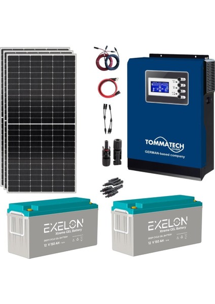 Güneş Enerjisi Bağ Evi Solar Paketi – 3kw Inverter + 3x 350W Güneş Paneli + 2x 12V 150AH Jel Akü
