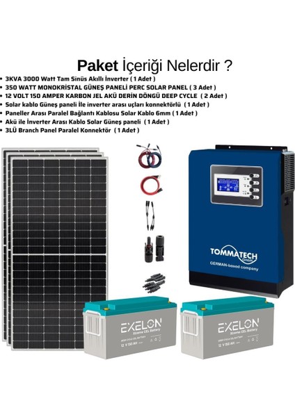 Güneş Enerjisi Bağ Evi Solar Paketi – 3kw Inverter + 3x 350W Güneş Paneli + 2x 12V 150AH Jel Akü modelleri