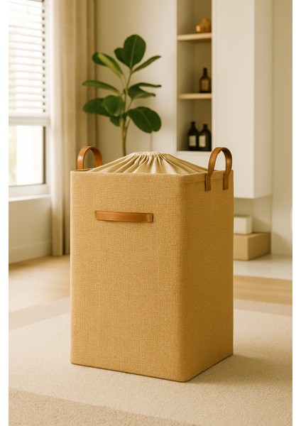 Çamaşır Sepeti Büzgülü Jüt Kapaklı Metal Çerçeveli Kirli Sepeti Çocuk Oyuncak Banyo Düzenleyici